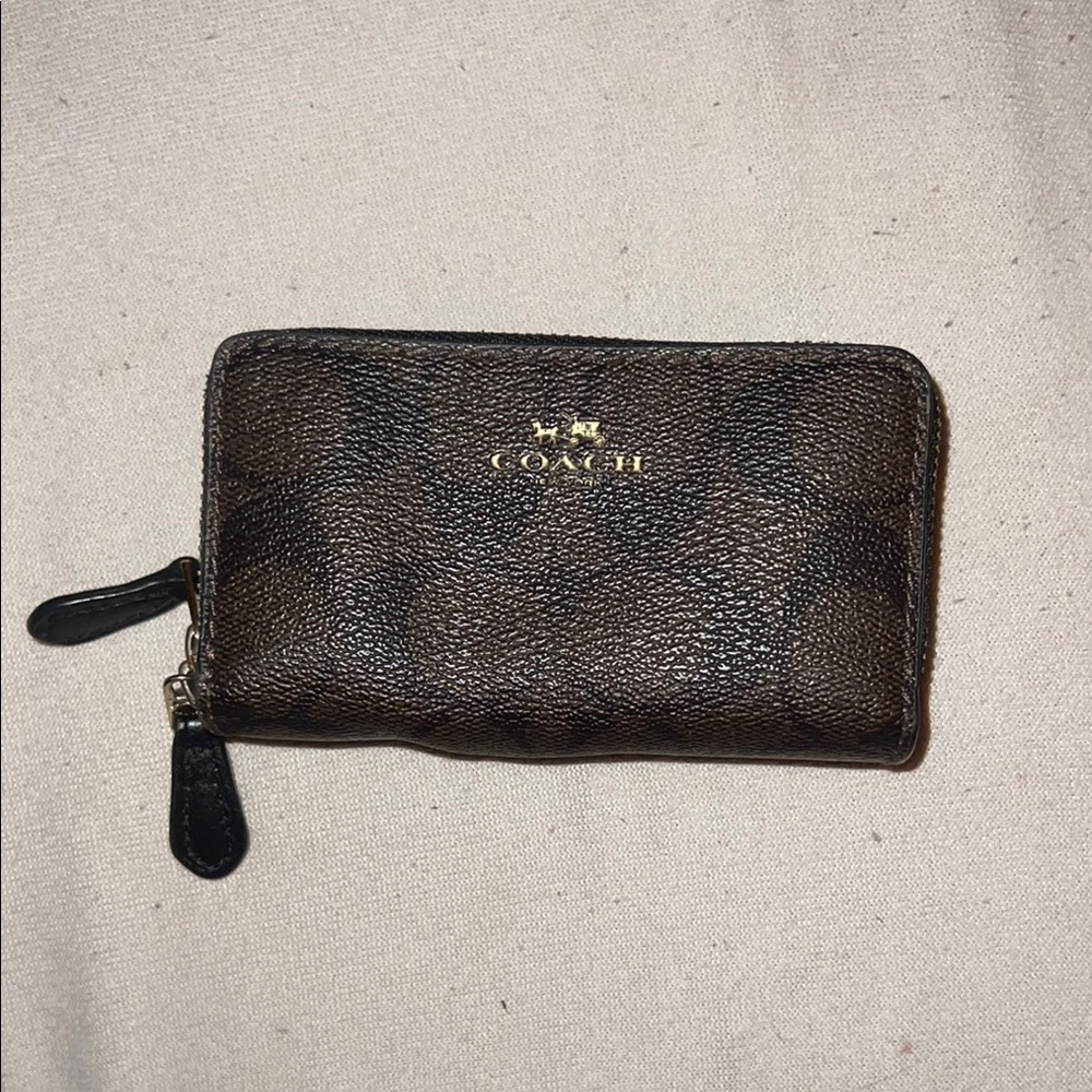 Coach Brown Pebbled Leather Zip Wallet with Gold Logo